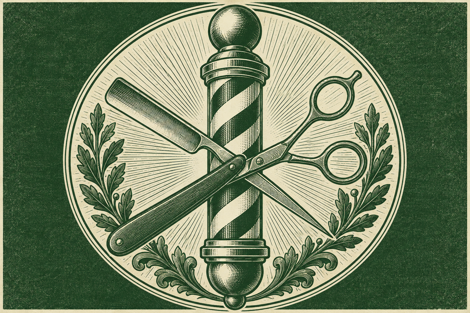 Engraving-style illustration of a barber pole with crossed razor and scissors