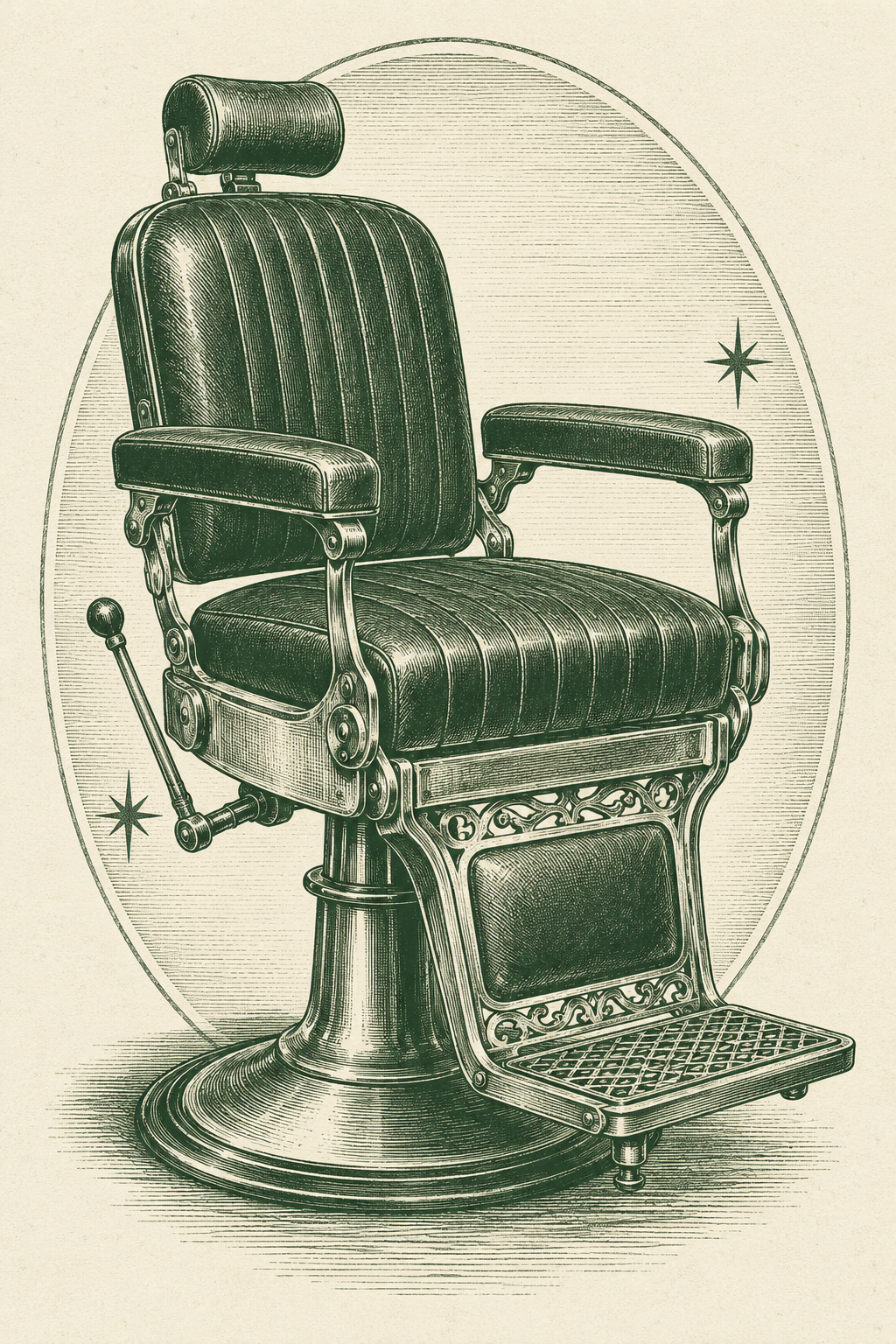 Engraving-style illustration of a vintage barber chair